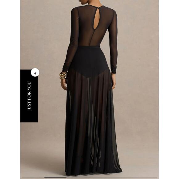 Club L London KOAMI Black Mesh Long-Sleeve Ruched Maxi Dress High Split 4 - Picture 12 of 13